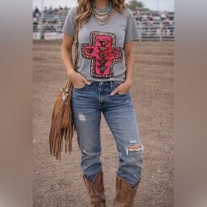 Callie Ann Neon Cross Graphic Tee Grey Aztec Western Cowgirl Texas True — NWOT